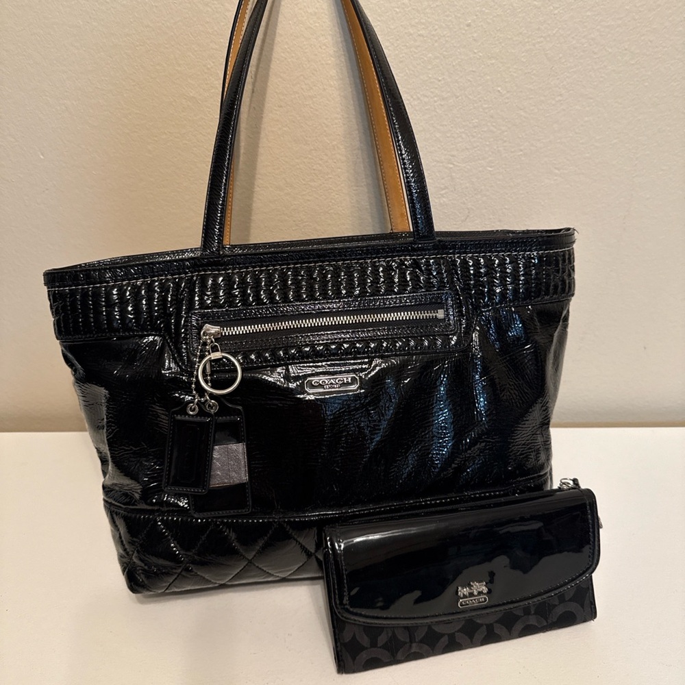 Coach Black Quilted Parent Leather Tote Bag and Matching Wallet Set